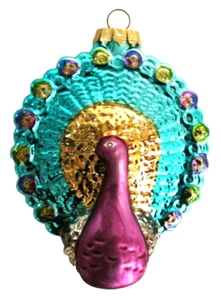 PEACOCK~Hand Blown~GLASS~Christmas~ORNAMENT~Glitter~4" x 3.25"~FIGURAL~BIRD~Teal - Picture 1 of 8