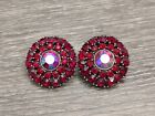 Vtg Weiss Clip On Earrings Ruby Red Rhinestones Round Dazzling