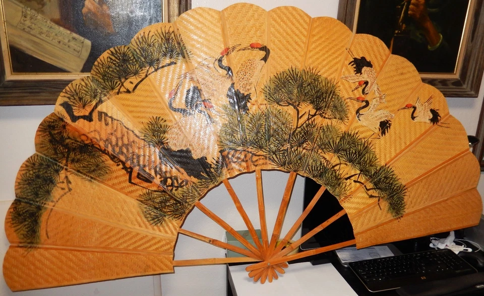 RARO ENORME GRULLAS CHINAS BONSAI ÁRBOL ACUARELA SOBRE BAMBÚ MIMBRE ABANICO PINTURA  Foto 1 de 1