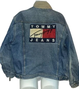 Vintage 90s Tommy Hilfiger Big Flag Denim Blue Jean Distressed Jacket XL HipHop - Picture 1 of 11