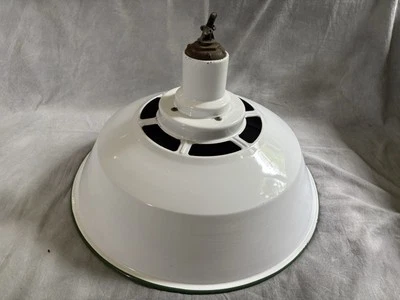 Antique Enameled Porcelain Gas Station Lamp Light Shade White with Green 20.5” - Image 1 of 4