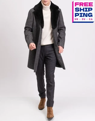 RRP €5050 ISAIA Wool Coat IT54 US44 XXL Lined Black Herringbone Removable Collar - Image 1 of 4