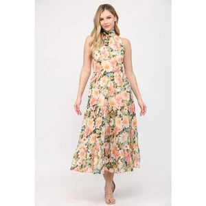 Abito midi Fate Tropical floreale Halter cravatta schiena a strati donna piccolo resort arioso - Foto 1 di 14