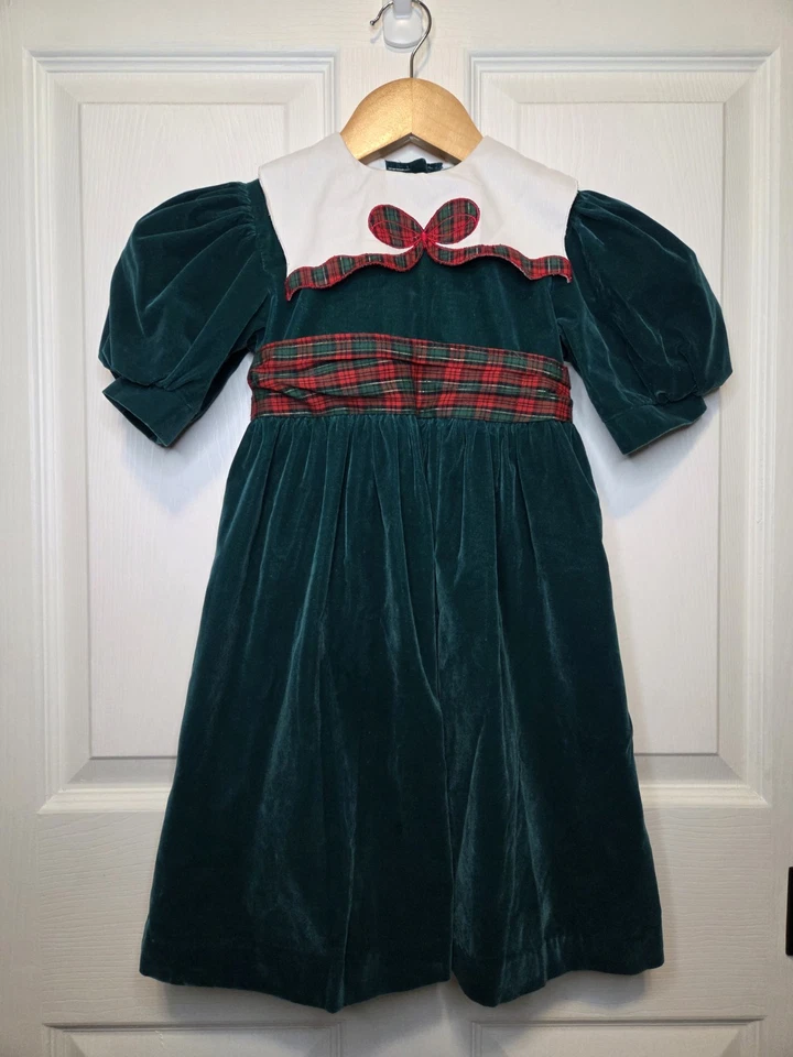 Vtg Oshkosh Collection Girls Christmas Dress Green Velvet Plaid Detail - Image 1 of 4