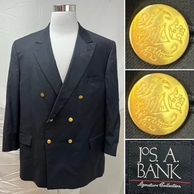 Jos. A. Bank Men's 50R Wool Navy Blue Gold Button Double Breasted Blazer Jacket - Image 1 of 4