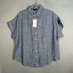 Camisa abotonada de lino a rayas azules talla grande Quince para mujer ¡NUEVA! - Imagen 1 de 8