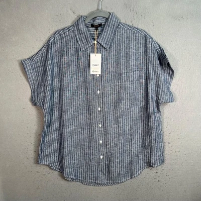 Camisa feminina Quince tamanho grande listrada azul linho com botões NOVA! - Imagem 1 de 4
