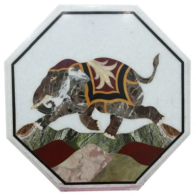 13" White Marble Table Top center Coffee Inlay pietra dura elephant wall decor - Image 1 of 4