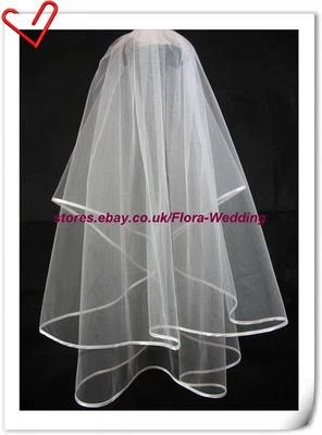 VELO DE BODA BLANCO DE DISEÑO LISO DE 2 NIVELES, BORDE SATINADO, 32" Foto 1 de 3