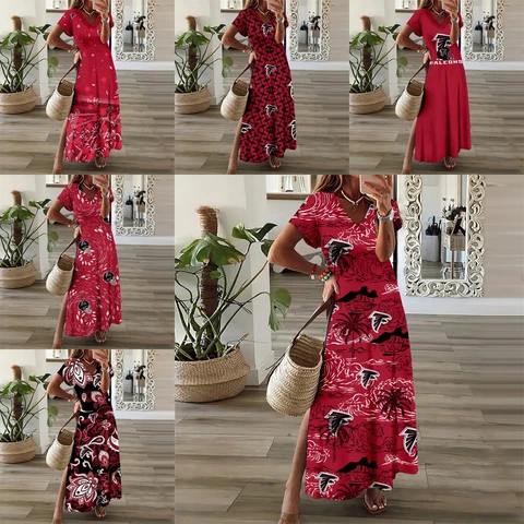 Atlanta Falcons Loose Maxi Dress V Neck Short Sleeve Floral Slit Long Sundress Cover