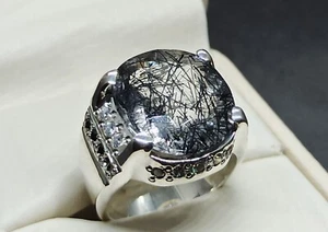 Anillo natural de cuarzo rutilado de 25 quilates de plata de ley 925 hecho a mano Muh e Najaf para hombre - Imagen 1 de 12