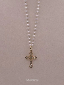 White Beaded Gold Chain Necklace With Gold Cross Pendant - Picture 1 of 8