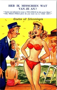 Not Allowed to Wear Two Piece Bikini Humor Greetings from Scheveningen Postcard - Picture 1 of 2