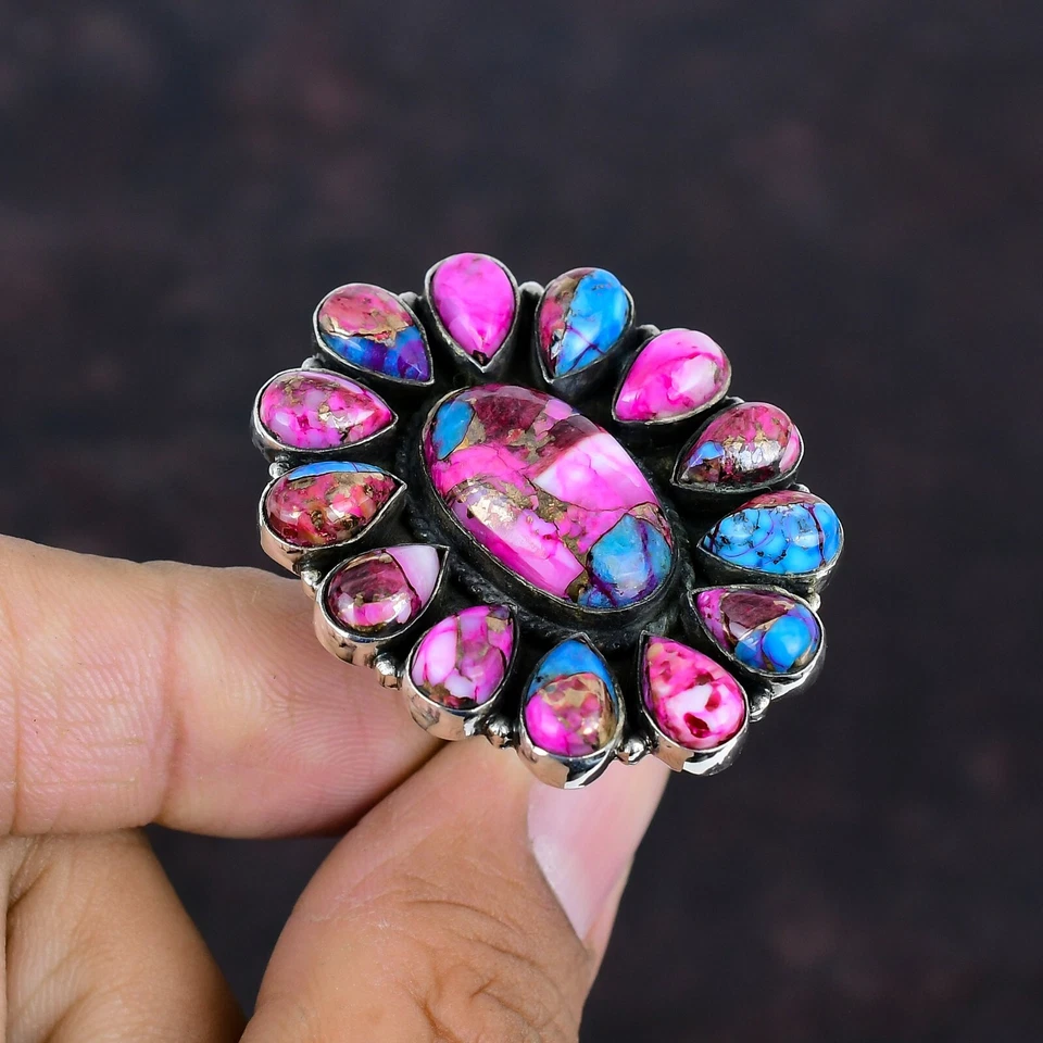 Southwestern Jewelry Kingman Pink Dahlia Turquoise Gemstone Navajo Ring For Her - Image 1 of 4