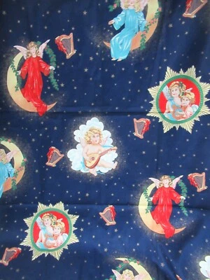 Joan Kessler  Concord Fabric  Angels in Night Sky Cherubs Navy Blue 1Yx444"  NEW - Image 1 of 4