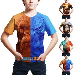 Kids Boys 3D Godzilla VS Kong Print T-shirts Summer Casual Short Sleeve Tee Tops - Picture 1 of 13