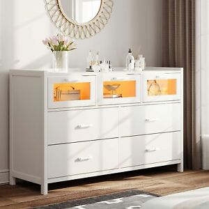 7 Drawer Dressers with Led Lights Bedroom Furniture Chests of Drawers (White)