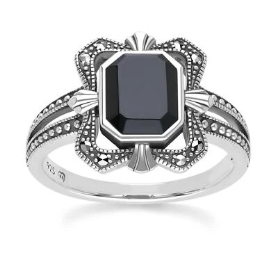 Arte Stile Déco Baguette Onice E Marcasite Anello IN Argento Sterling - Immagine 1 di 4