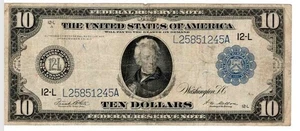 1914 $10 Blue Seal Federal Reserve Note - White/Mellon - 12-L San Francisco - F - Picture 1 of 2