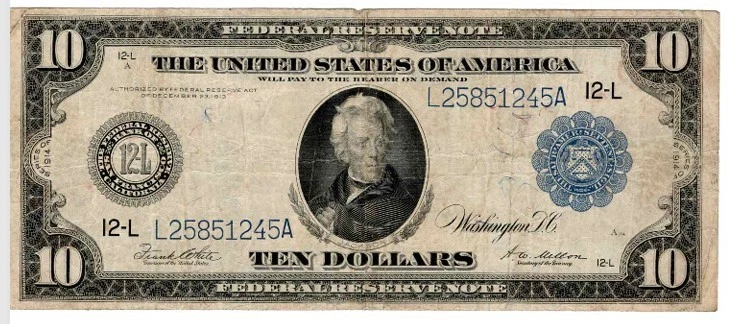 1914 $10 Blue Seal Federal Reserve Note - White/Mellon - 12-L San Francisco - F - Image 1 of 2
