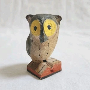 Vintage Wooden Gray Owl Figurine Carved Wise Bird on Book Yellow Eyes 2.5" tall - Picture 1 of 13