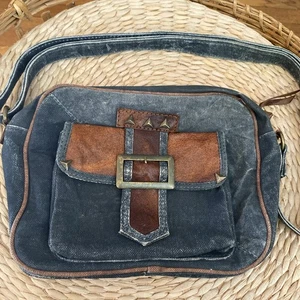 Mona B 100% Baumwolle Damen Handtasche blau braun 100% Lederbesatz verstellbarer Riemen - Bild 1 von 17