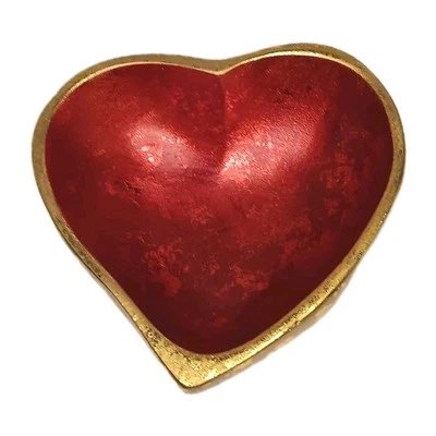 Tazón de madera en forma de corazón rojo con hoja de oro joyería plato de baratija 6" x 6" x 2,5"  Foto 1 de 4