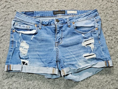Aeropostale blue denim fringed/ripped midi jean shorts women size 10 - Image 1 of 4