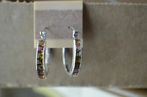 2.25ct Multi-Color Tourmaline Hoop Earrings Platinum Over Silver ~ Princess Cut - Picture 1 of 7