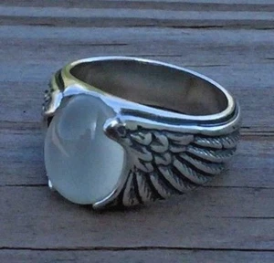 Anillo Ala Águila Plata de Ley .925 Talla 9 con Piedra Lunar Natural Anillo Águila Ancha - Imagen 1 de 9