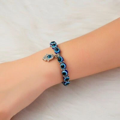 Pulsera elástica con cuentas azules mal de ojo palma encanto pareja joyería de la suerte Foto 1 de 4