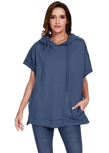 Oversized Short Sleeve Hoodie Side Slits Pullover Sweater Top - Picture 1 of 110