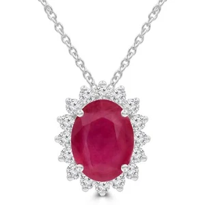 4.03 CT Oval Red Ruby Halo Pendant Necklace 14K White Gold - Picture 1 of 4