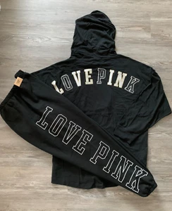 L NWT VICTORIA SECRET PINK Black Oversized Hoody T-Shirt & Fleece Sweatpants NEW - Picture 1 of 1