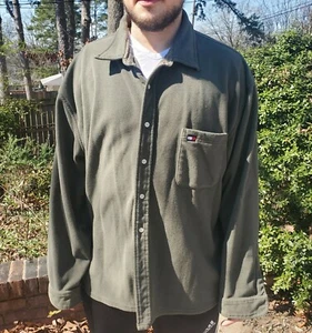 VTG Tommy Hilfiger Olive Long Sleeve Fleece Button Front Lined Shirt 2XL XXL EUC - Picture 1 of 6