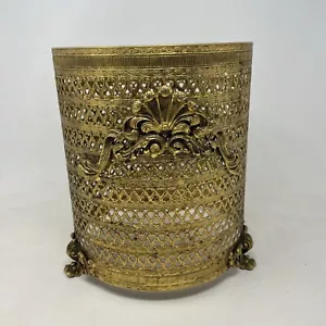 VTG ORMOLU Hollywood Regency Filigree Gold Wastebasket Claw Feet 1960’s - Picture 1 of 7