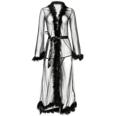 Sexy See-Through Mesh Long Sleepwear Robe with Belt Sheer Lingerie Dress Gown - Image 1 of 4