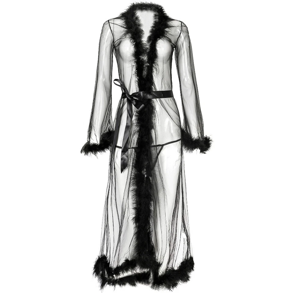 Sexy See-Through Mesh Long Sleepwear Robe with Belt Sheer Lingerie Dress Gown - Image 1 of 4