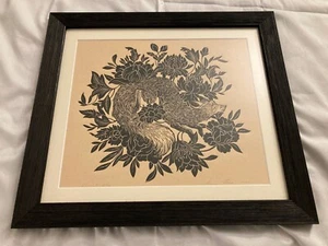 Estampado Linocut Zorro y Flores, Enmarañado y Enmarcado, Arte Bohemio Animal Naturaleza Pagano - Imagen 1 de 5
