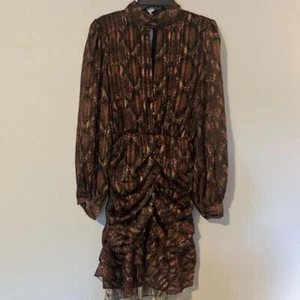 Brown snake print mini party dress with ruffle skirt and a deep V neckline - Picture 1 of 4