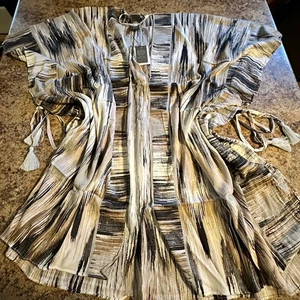 Vince Camuto grau/schwarz/hellbraun Rinde Kimono Poncho Schal mit seitlichen Quasten Neu mit Etikett - Bild 1 von 4