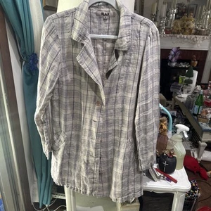 Flax Striped Linen Button Down Jacket Size S white & purple pockets - Picture 1 of 5