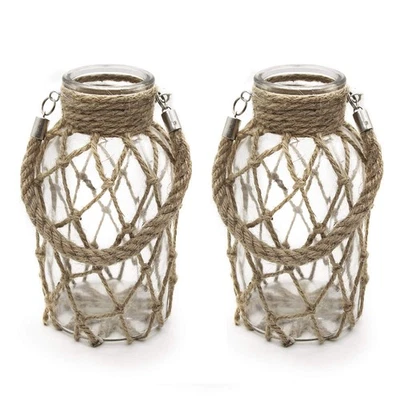 Jarrón náutico colgante rústico de albañil cuerda red flor seca florero de vidrio con mango... Foto 1 de 4