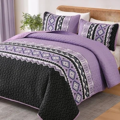  Juego de edredón de 3 piezas tamaño queen, edredón púrpura reina (96"×90") negro púrpura Foto 1 de 4