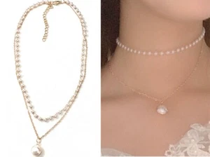 20s Gatsby Gold Tone Faux Pearl Double Layer Choker Pendant Necklace Chain UK - Picture 1 of 3