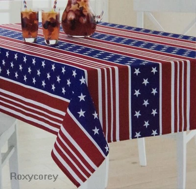 Celebrate Americana 4th Red White Blue Stars Stripes 60x84 Oblong Tablecloth NWT - Image 1 of 2