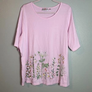 Quacker Factory T-shirt donna ricamata 2X rosa manica corta strass QVC - Foto 1 di 11