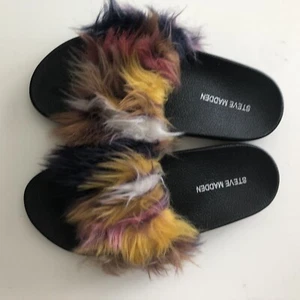 Steve Madden Softey Faux Fur Slides Sz 6M Furry Artsy Colorful - Bild 1 von 5