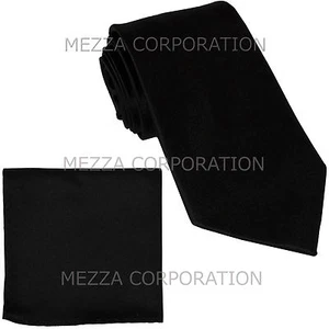 New formal men's necktie & hankie set solid color polyester wedding work black - Picture 1 of 3
