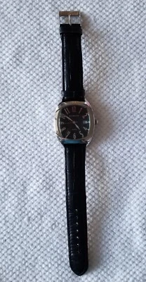 Epoch Silver Tone Date Watch Black Dial & Leather Band 6"-7.5" New Battery - Image 1 of 4